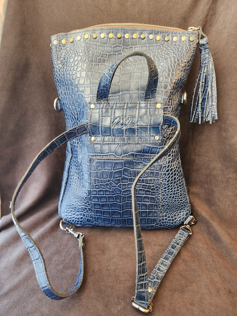 Patricia Nash Navy Crocodile Leather Luzille Convertible Backpack Purse Bag EUC